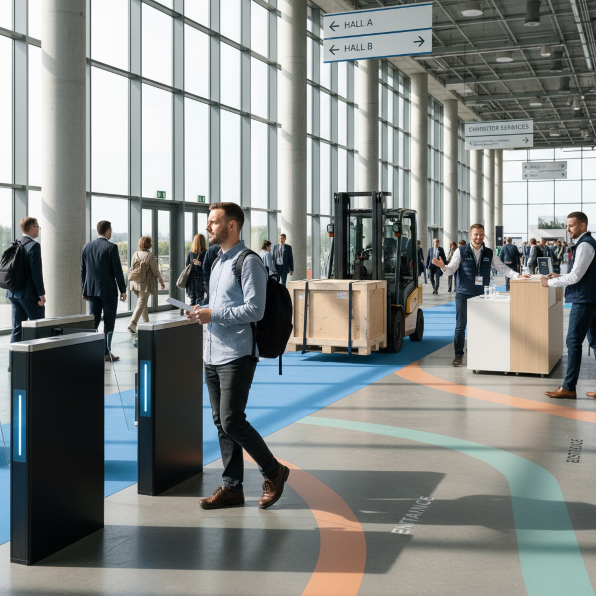 Am Eingang hält ein Besucher sein Ticket zum Scanner, während im Hintergrund ein Stapler eine Kiste bewegt. Markierte Wege und Zonen sorgen für klare Leitungen. Ordner weisen Richtungen, alles wirkt abgestimmt und flüssig.