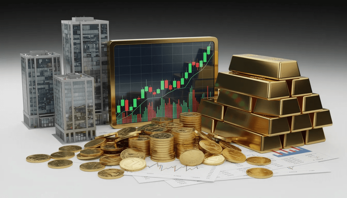 The image features various investment symbols, including stock charts, property buildings, and gold bars, representing different asset classes and investment types. This visual arrangement highlights the diversity of investments, such as real estate, equities, and precious metals, essential for building a balanced investment portfolio.