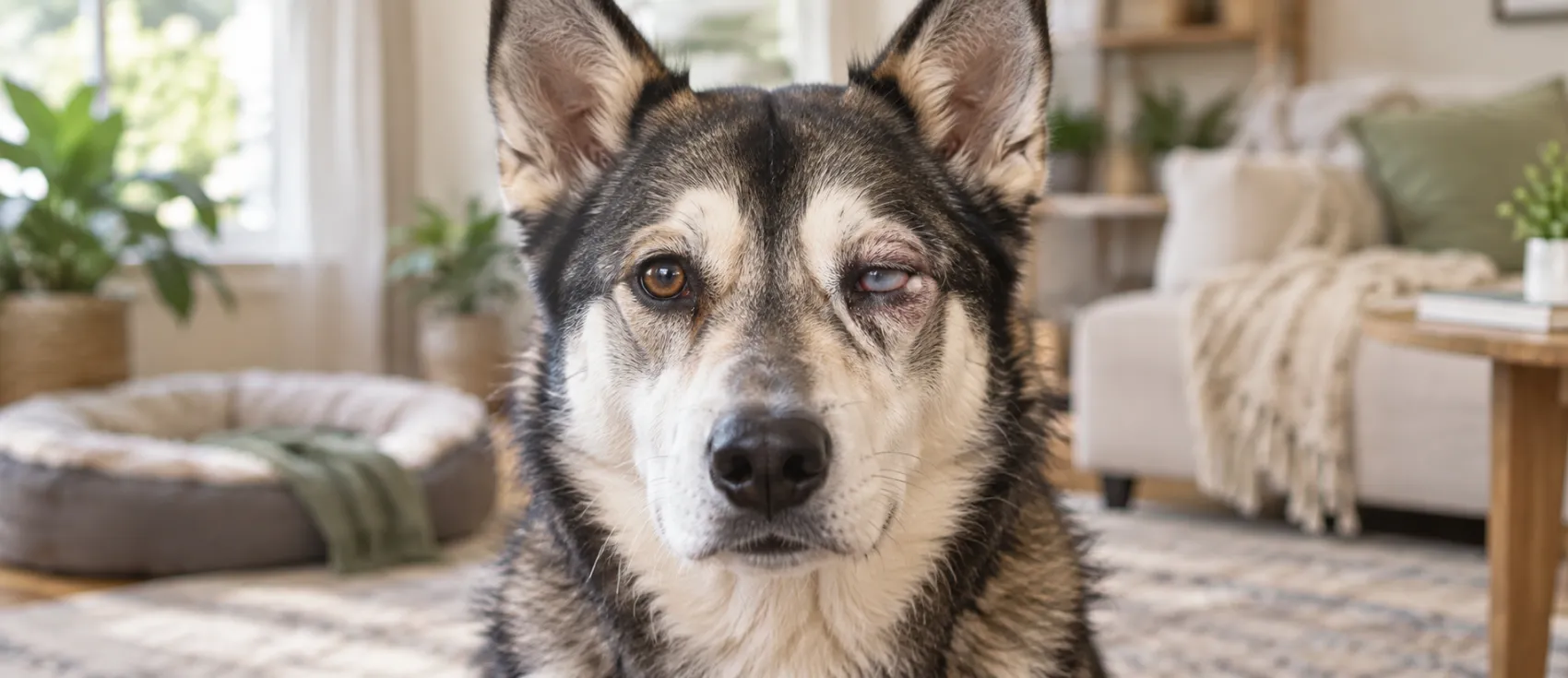 A dog's eye appears cloudy and partially closed, a sign of a corneal ulcer.
