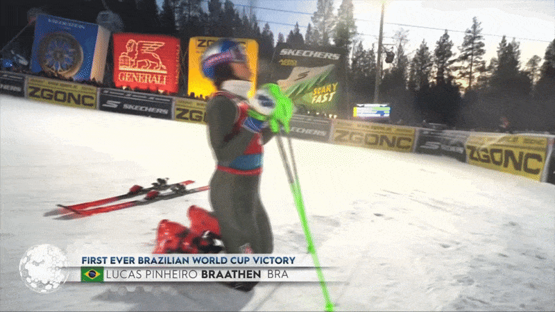 Representing Brazil, Lucas Pinheiro Braathen celebrates a victory at the Alpine Ski World Cup.