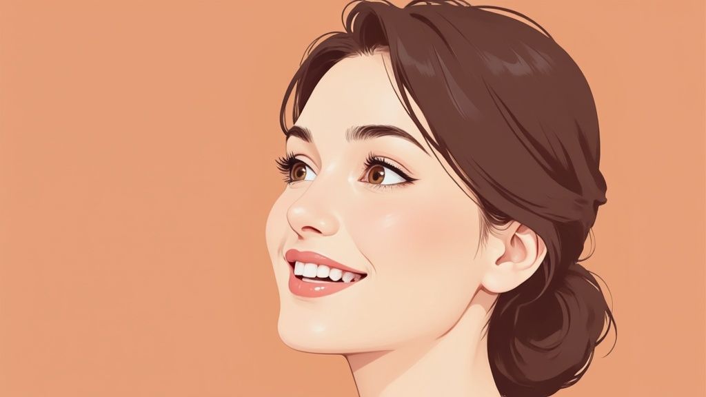 Illustration einer lächelnden jungen Frau mit braunen Haaren und Augen, die nach oben schaut.