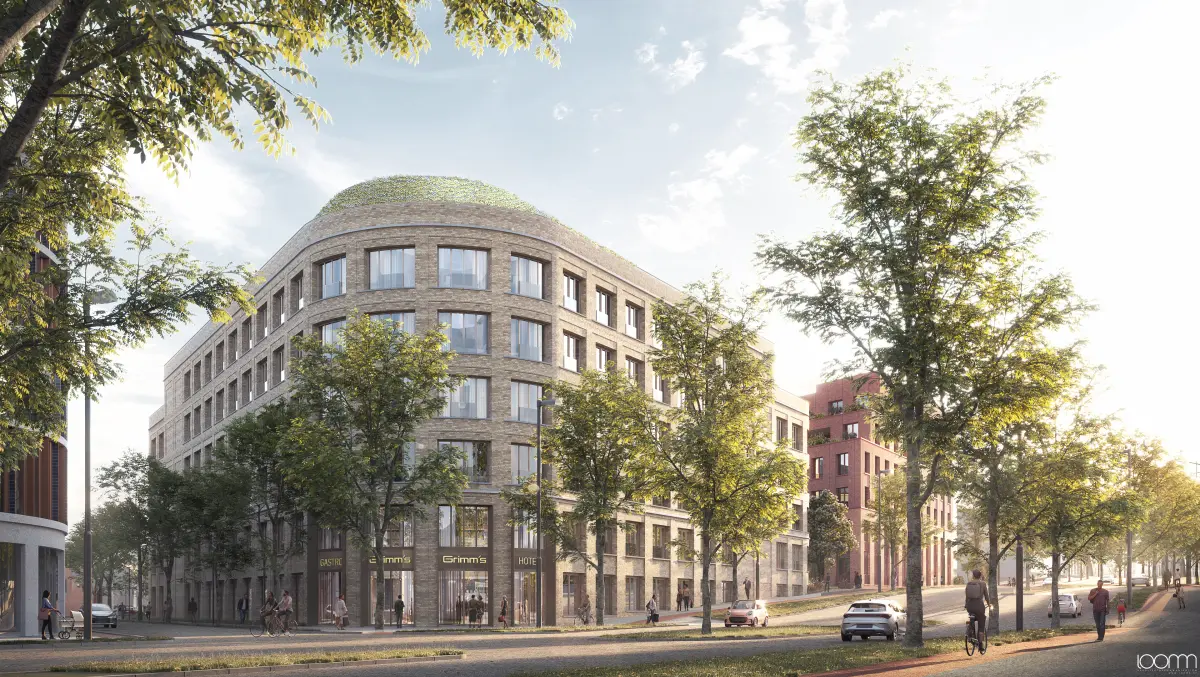 Isometrische Zeichnung eines Bauprojekts mit mehreren Gebäuden und markierten Strukturen in Rot