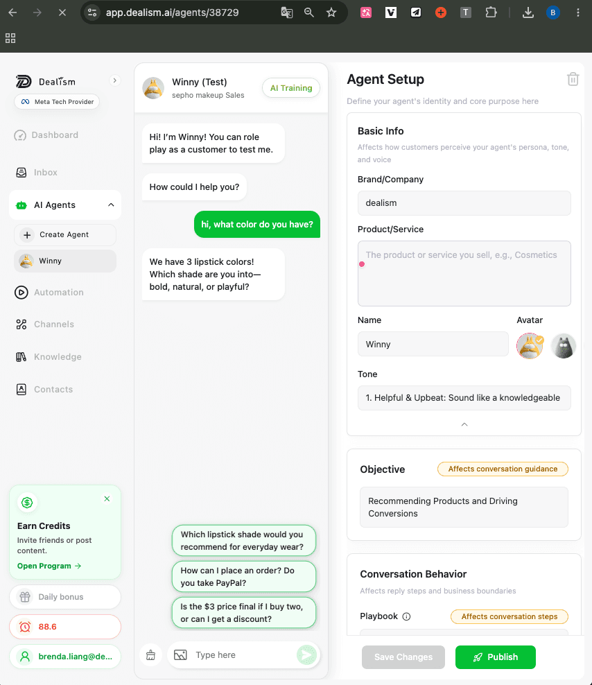 Dealism Agent Setup showing the Winny sales Agent, its customer conversation, objective, tone, and conversation behavior settings