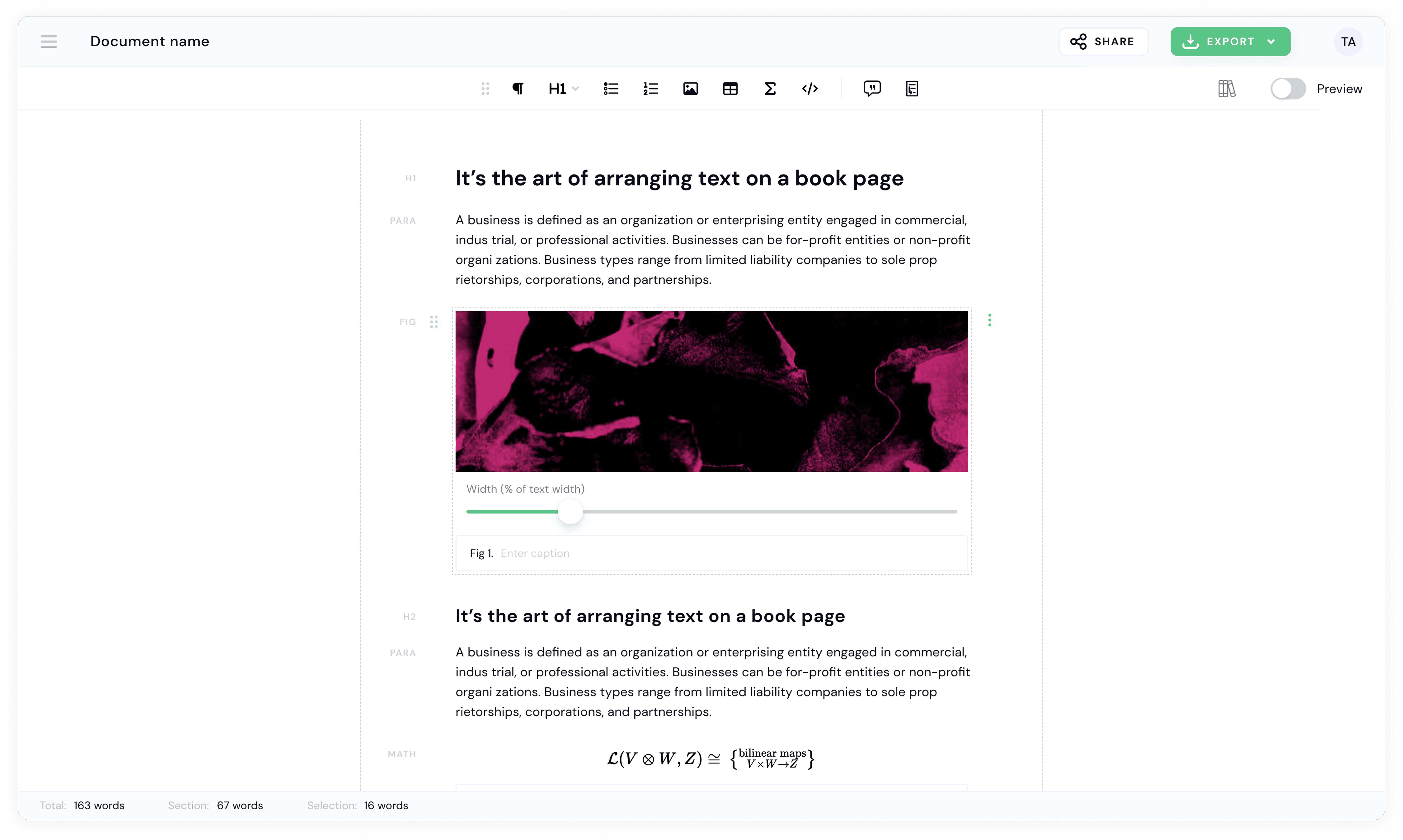 Papermill editing view with block-based content structure, image width controls, figure captions, and mathematical formula support