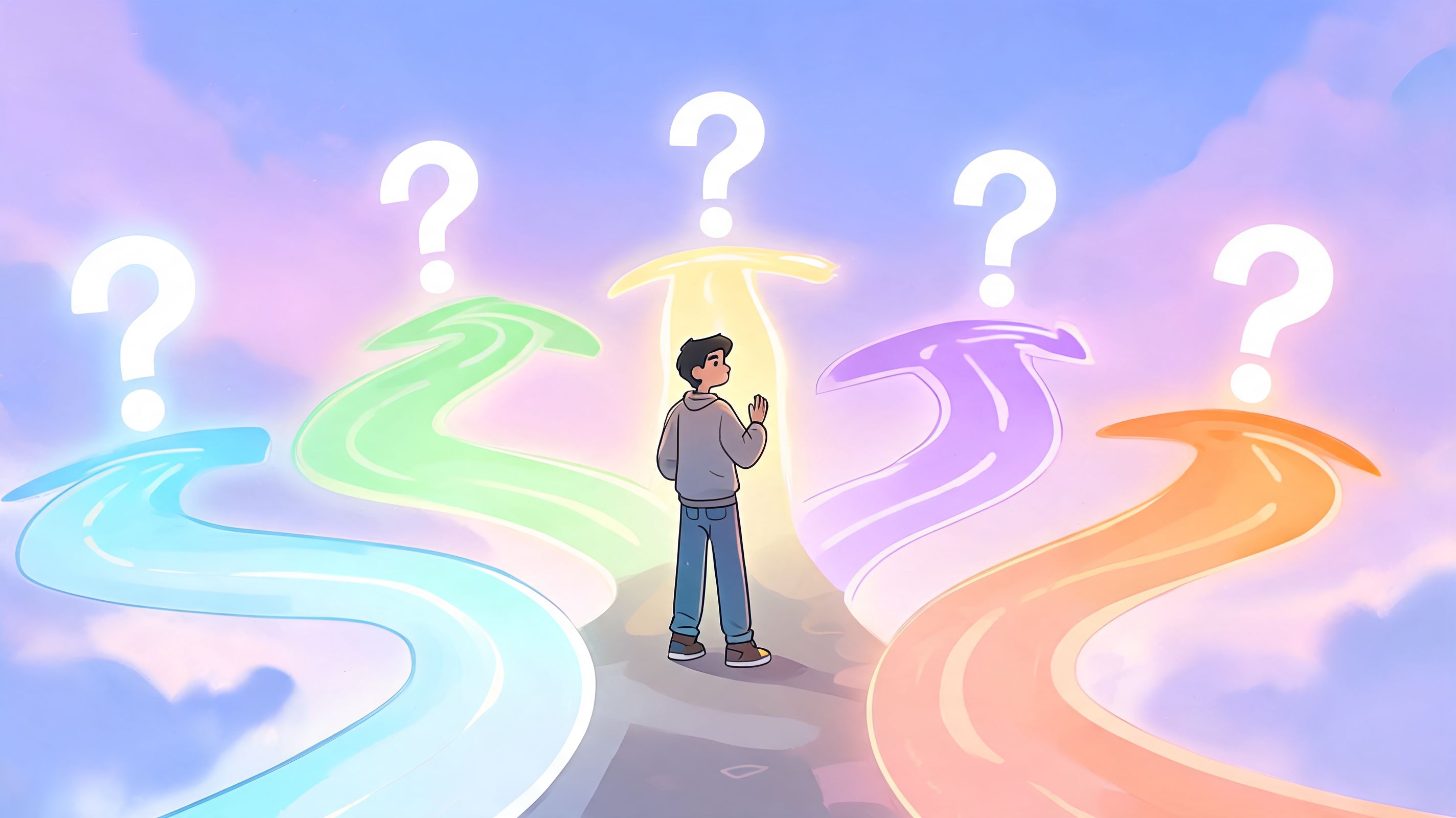 A cartoon illustration of a young person standing before five colorful diverging paths representing life choices.