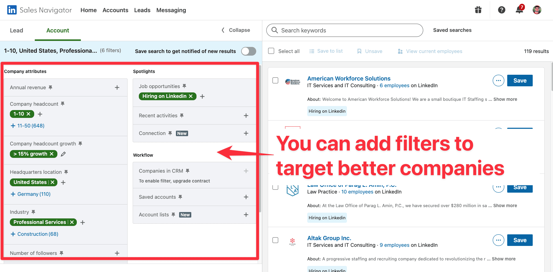 Add account filters to find better leads