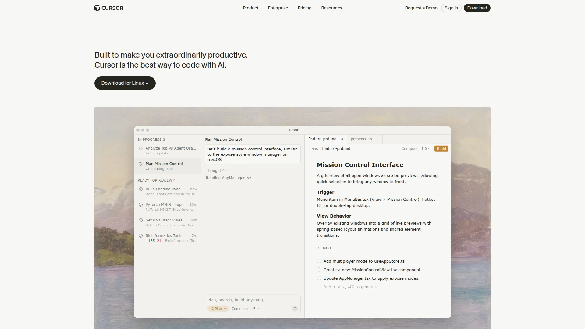 Cursor AI code editor homepage showing Agent mode with background tasks and inline code editing