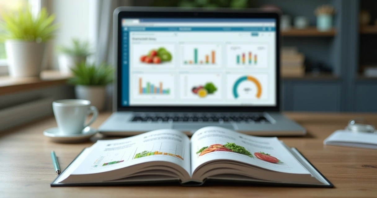 Página de e-book de nutrição em destaque e tela de plataforma digital ao fundo 