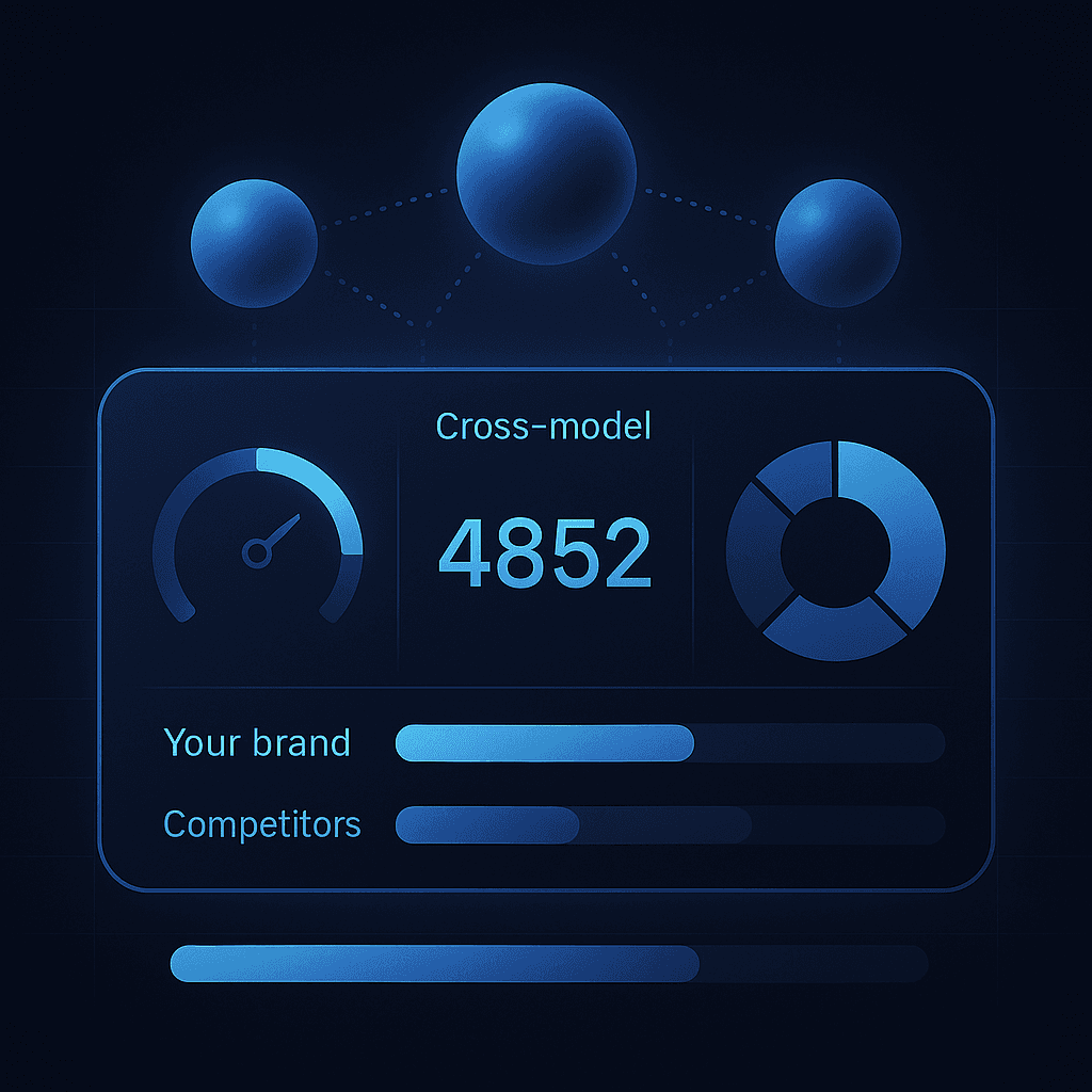Infographic dashboard showing visibility, citations, market share and sentiment metrics across several AI engines