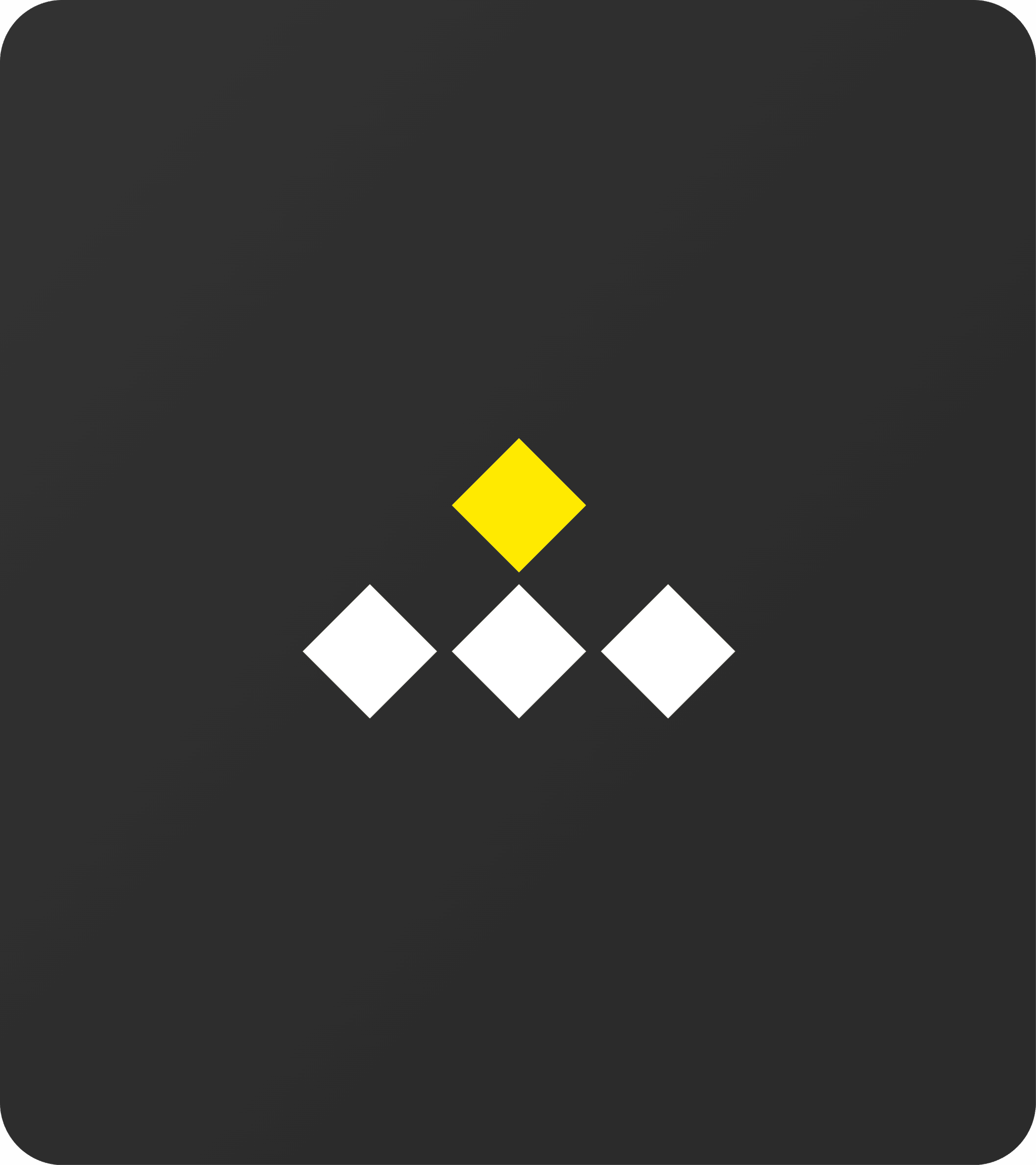 A geometric composition featuring five diamonds on a dark background, with one yellow diamond positioned above four aligned white diamonds.