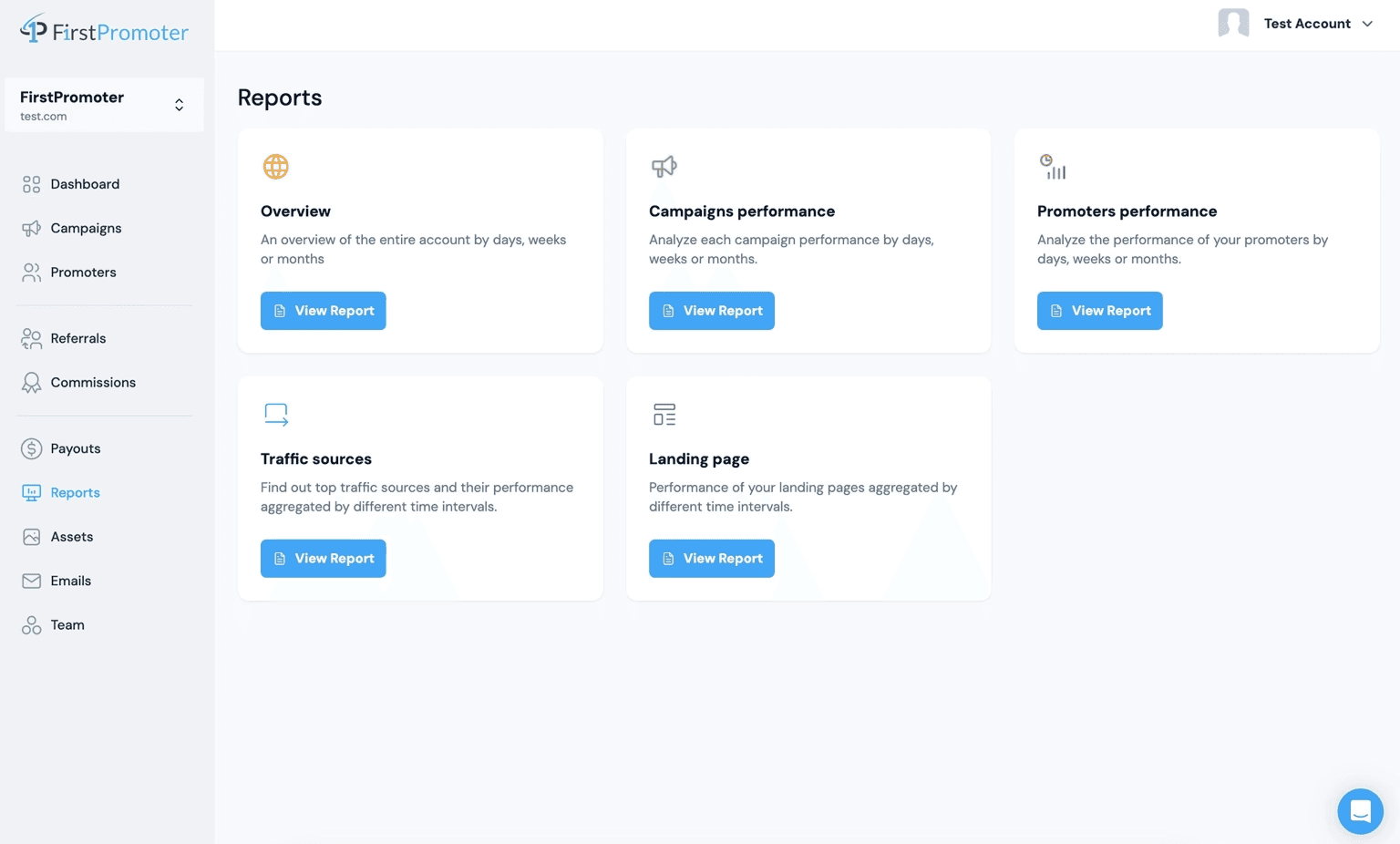 FirstPromoter reports dashboard showing five report types: overview, campaigns performance, promoters performance, traffic sources and landing page