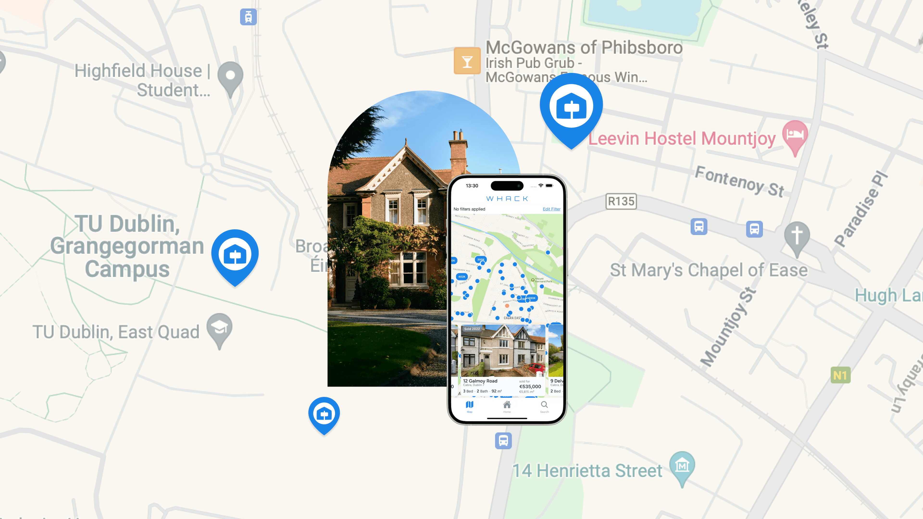 Image of the Whack app with pins on a map