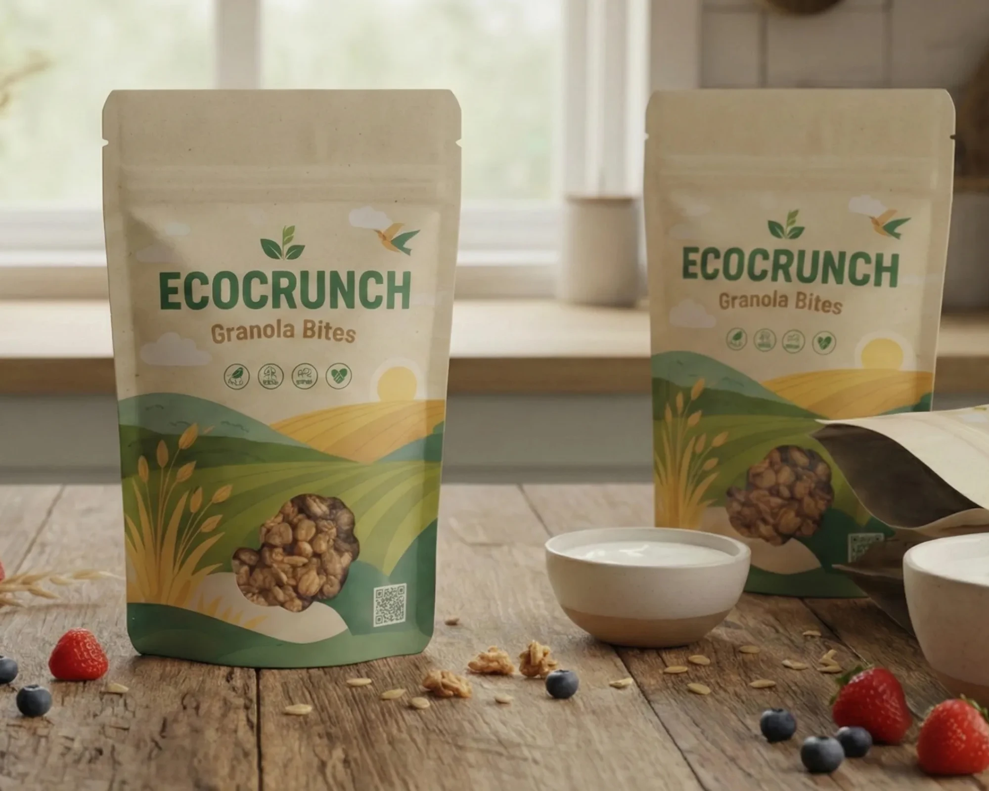 Three EcoCrunch Granola Bites bags featuring a rustic landscape illustration displayed on a wooden table with fresh strawberries and a bowl of yogurt.