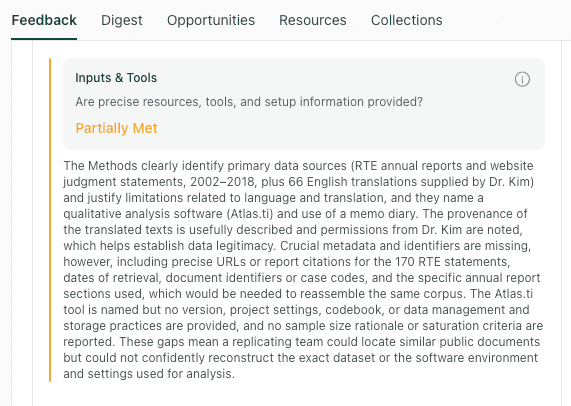 Screenshot of thesify feedback showing an Inputs and Tools review for a qualitative methods section, including comments on sources, software, metadata, and documentation.