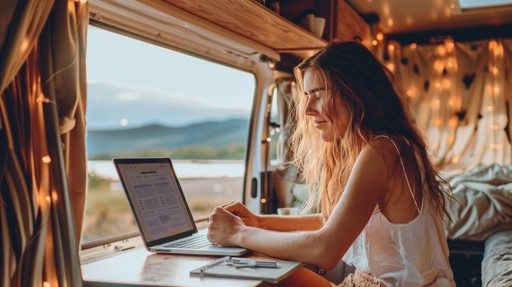 A woman working on a laptop by a large window with scenic mountain views in the background.