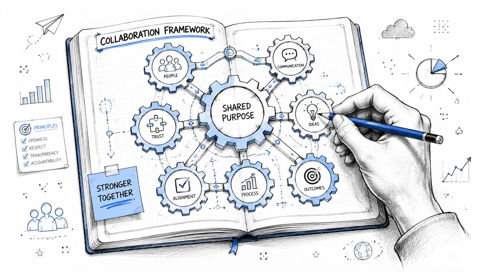A hand drawing a collaboration framework diagram in an open notebook, focusing on shared purpose and teamwork.