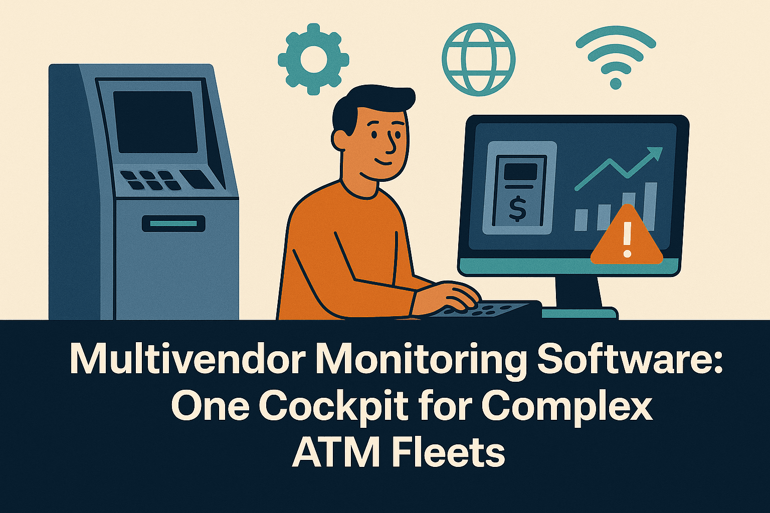 Flat-style digital illustration showing a man sitting at a computer monitor displaying graphs and ATM status information, symbolizing centralized monitoring for diverse ATM fleets. On the left stands an ATM machine. Above the characters are icons for settings, global network, and Wi-Fi. The background is light beige with warm orange and cool blue tones. A navy-blue bar at the bottom displays the blog title in bold white text: ‘Multivendor Monitoring Software: One Cockpit for Complex ATM Fleets’.
