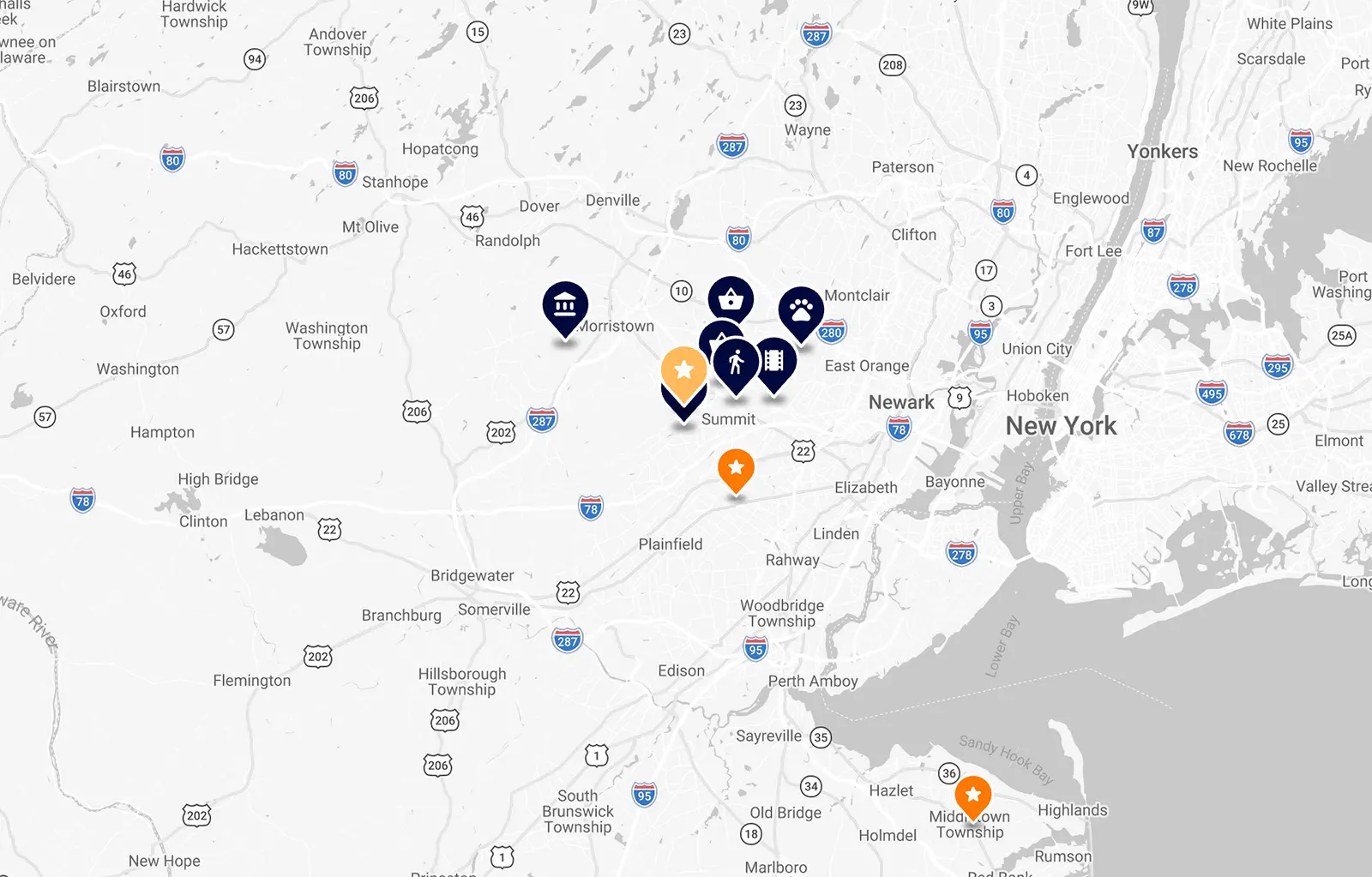 Map showing clusters of red markers on a blank white background, indicating specific points of interest or locations.