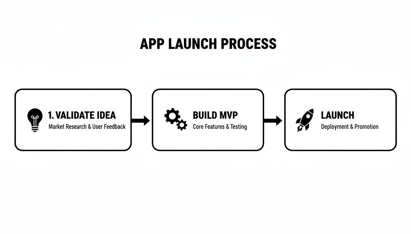 A flowchart illustrating the three-step app launch process: Validate Idea, Build MVP, and Launch.