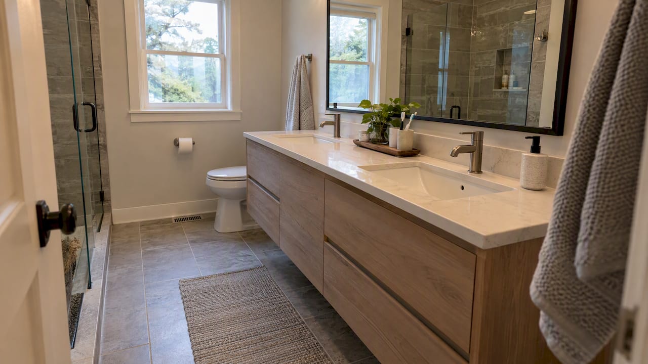 Floating double vanity in small bathroom