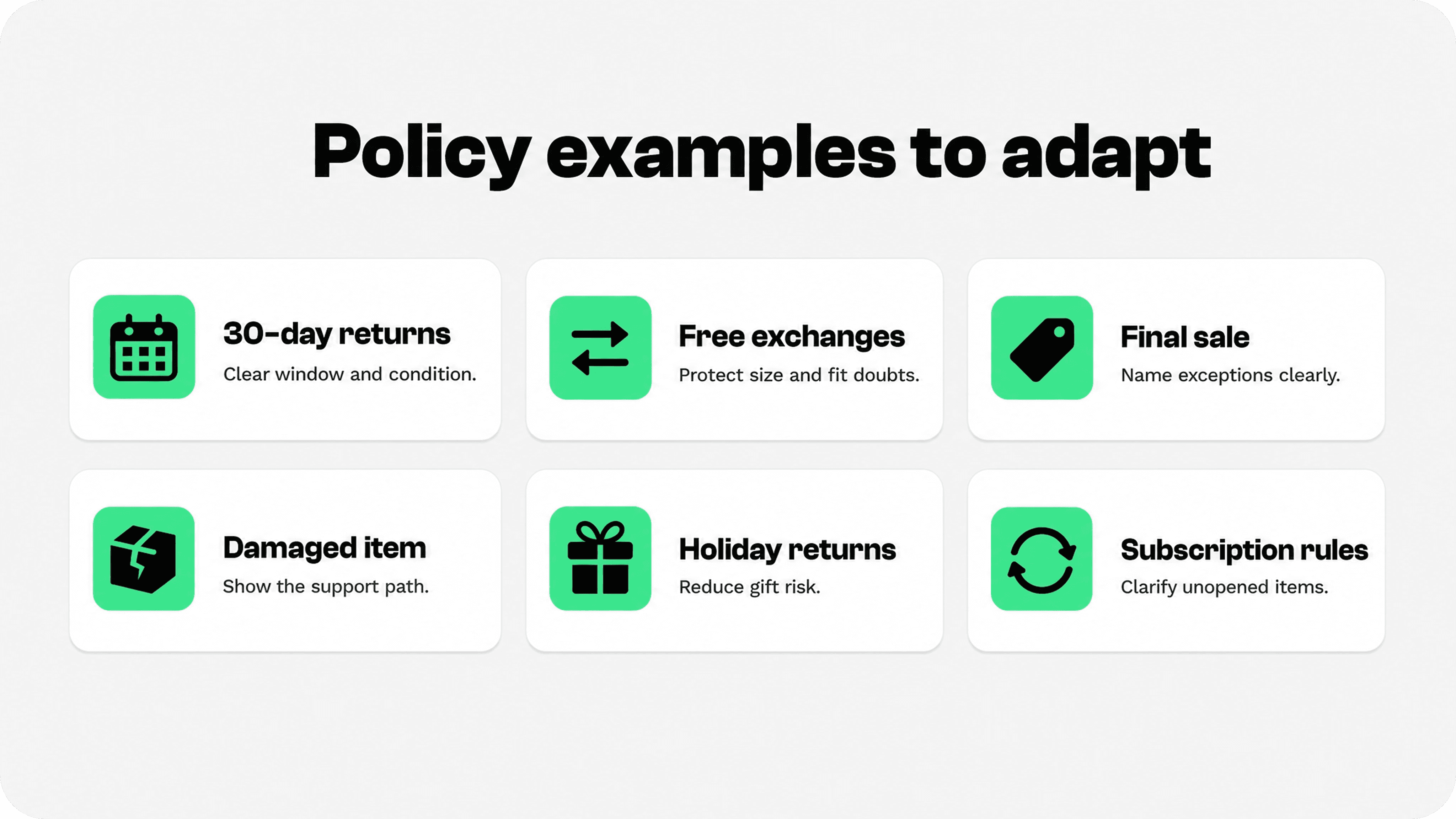 Shopify return policy examples including 30-day returns, free exchanges, final sale, damaged items, holiday returns, and subscription rules