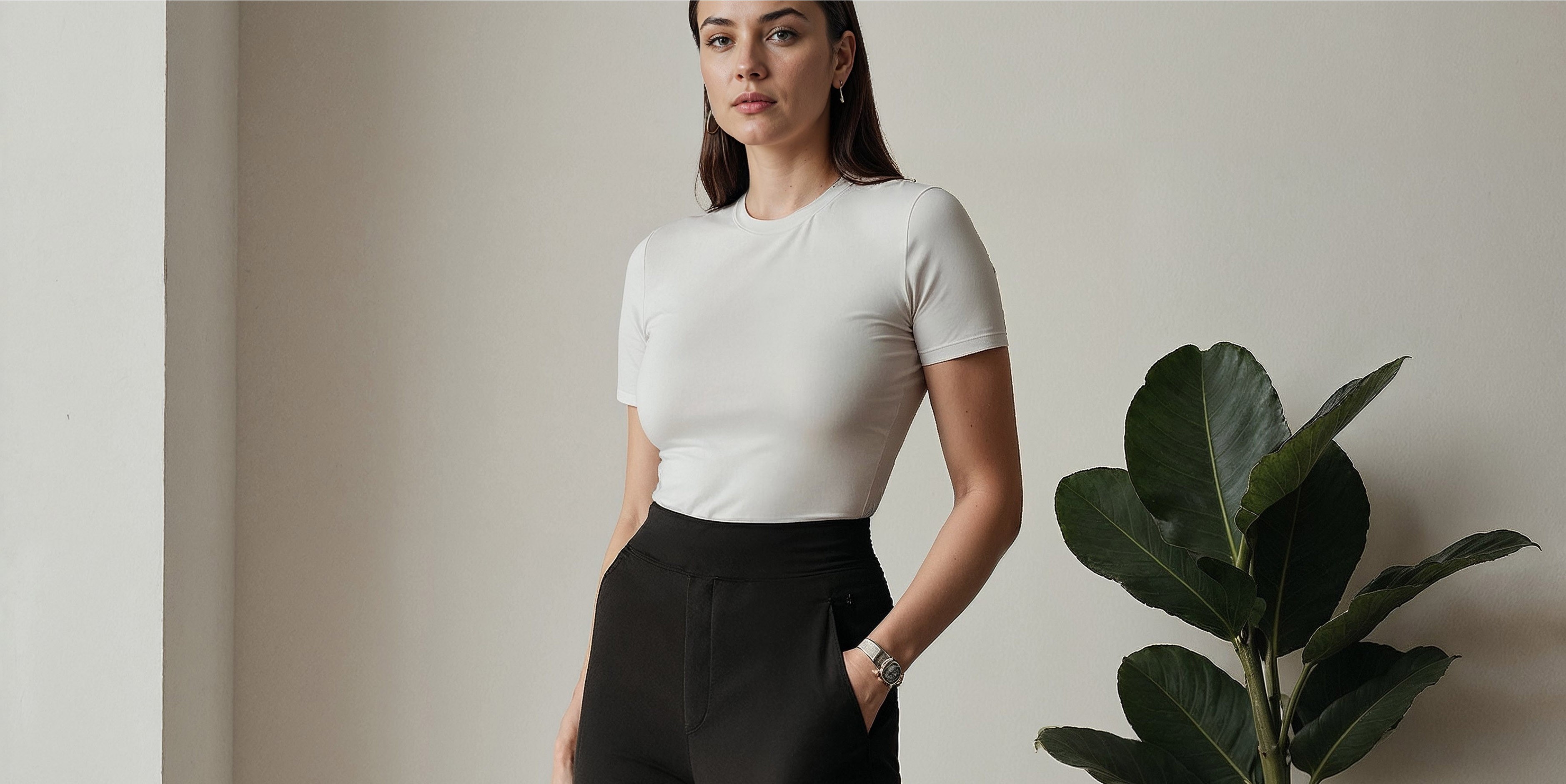 ai fashion model female ai model wearing white top - Generated by Caimera