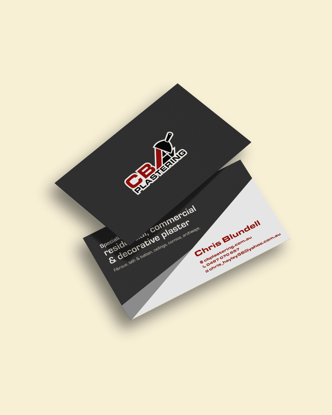 Business cards designed for CB Plastering, simple, practical, and built to leave the right first impression.
