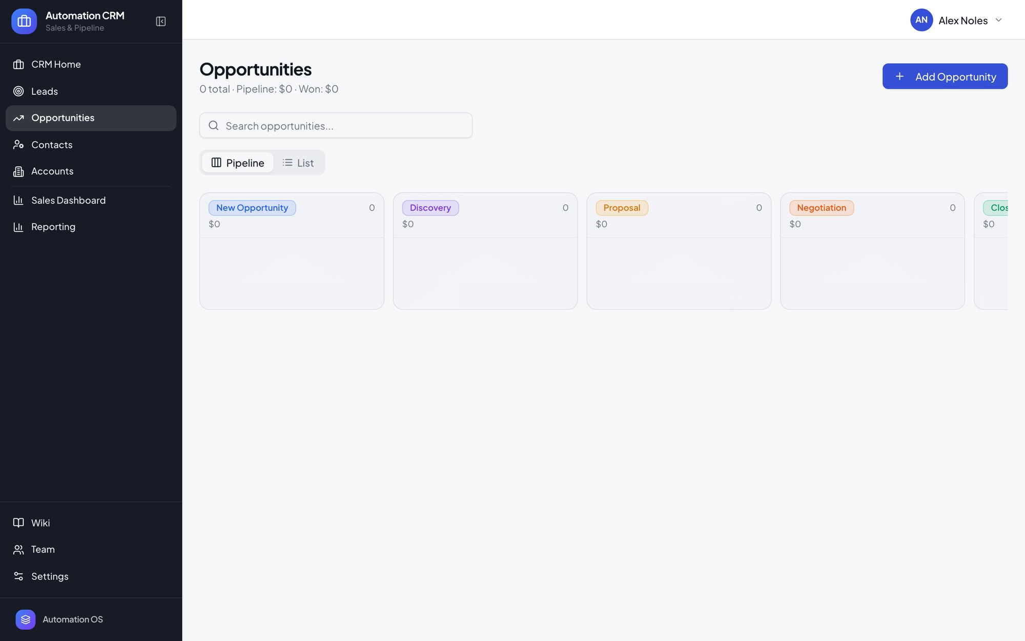 Automation CRM opportunity pipeline