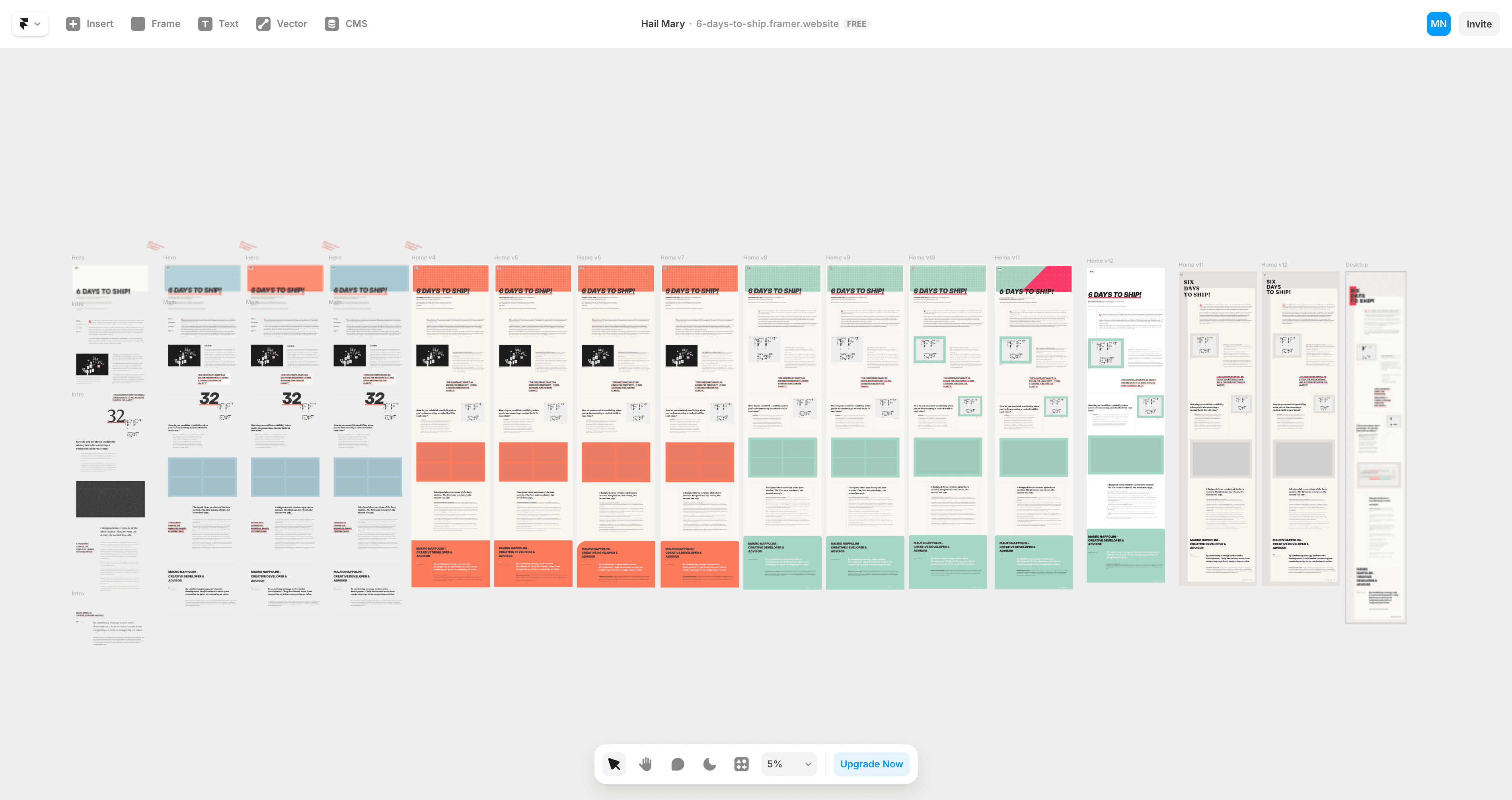 Sixteen design iterations showing progressive refinement from initial concept to final version