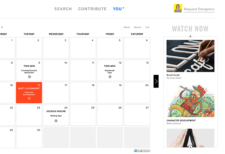A calendar page displays a grid of blank squares, each labeled with a day of the week from Tuesday to Sunday. A red square highlights Matt Luckhurst’s character development entry for Tuesday. A “WATCH NOW” section on the right shows an illustration of a brush script being painted onto a blackboard. Below the illustration, a colorful character illustration titled “CHARACTER DEVELOPMENT” by Matt Luckhurst is featured.