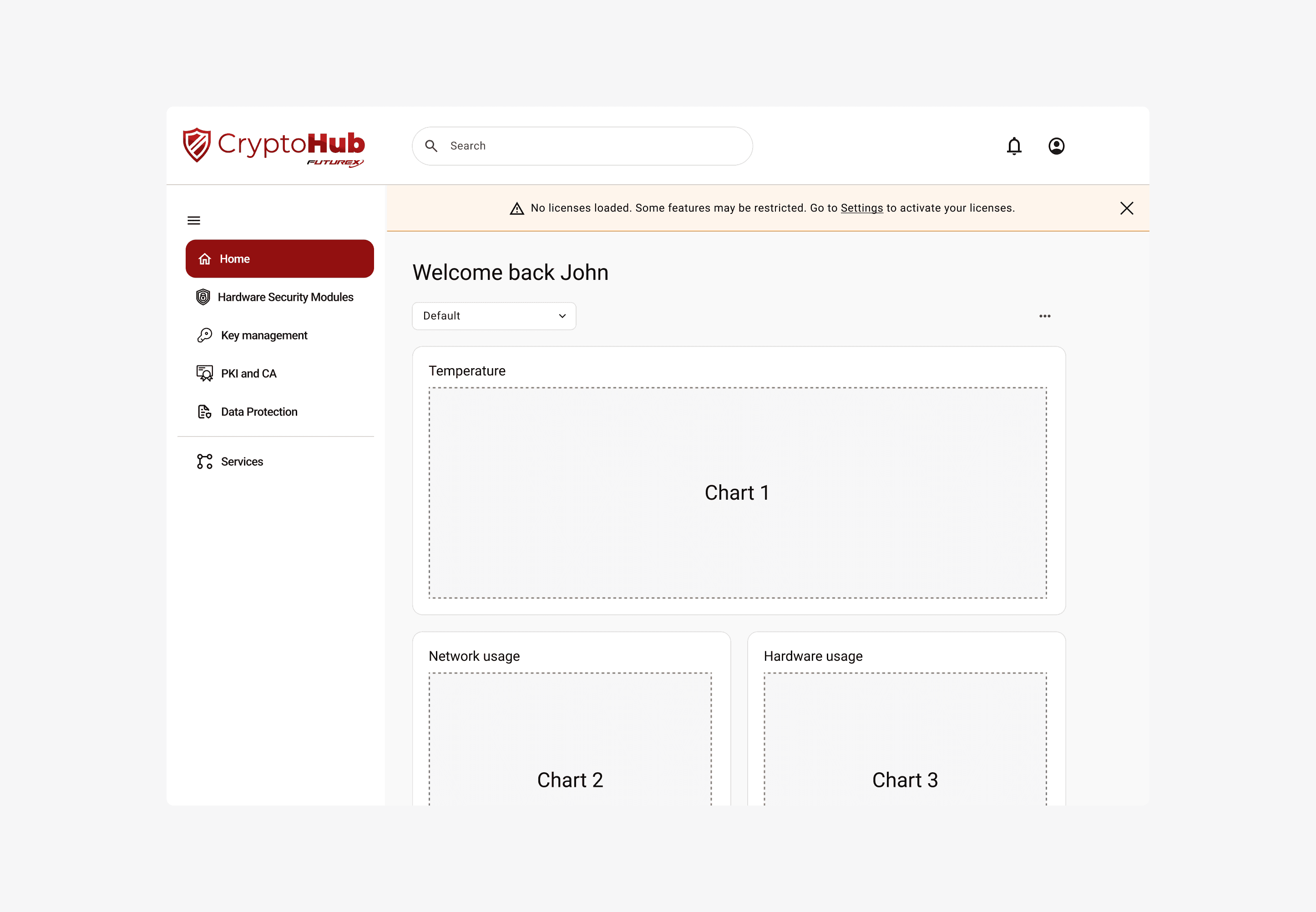 CryptoHub home dashboard with a missing-license warning and temperature, network usage, and hardware usage chart areas.