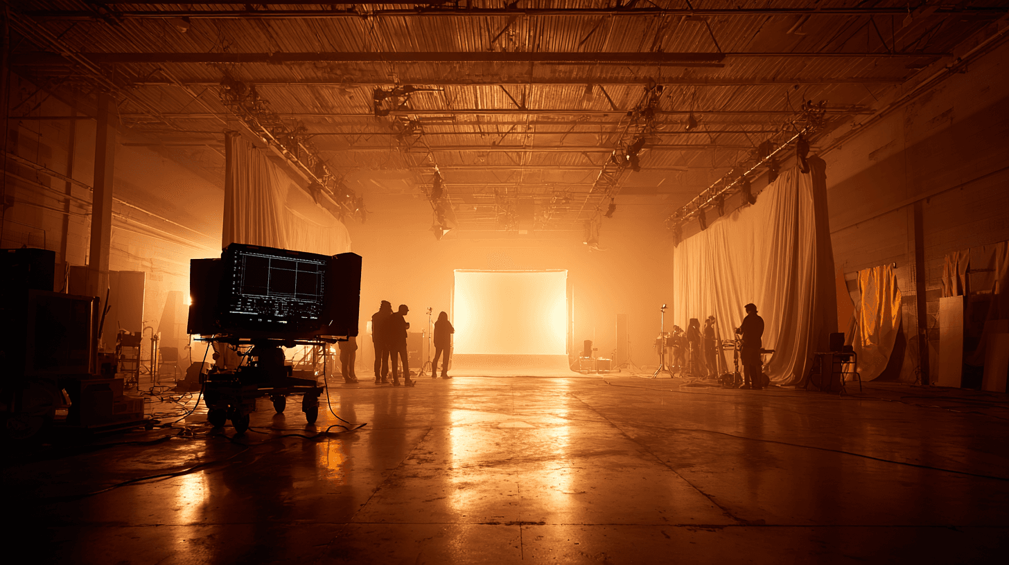 Wide shot of a soundstage with crew, camera carts, and a glowing backdrop