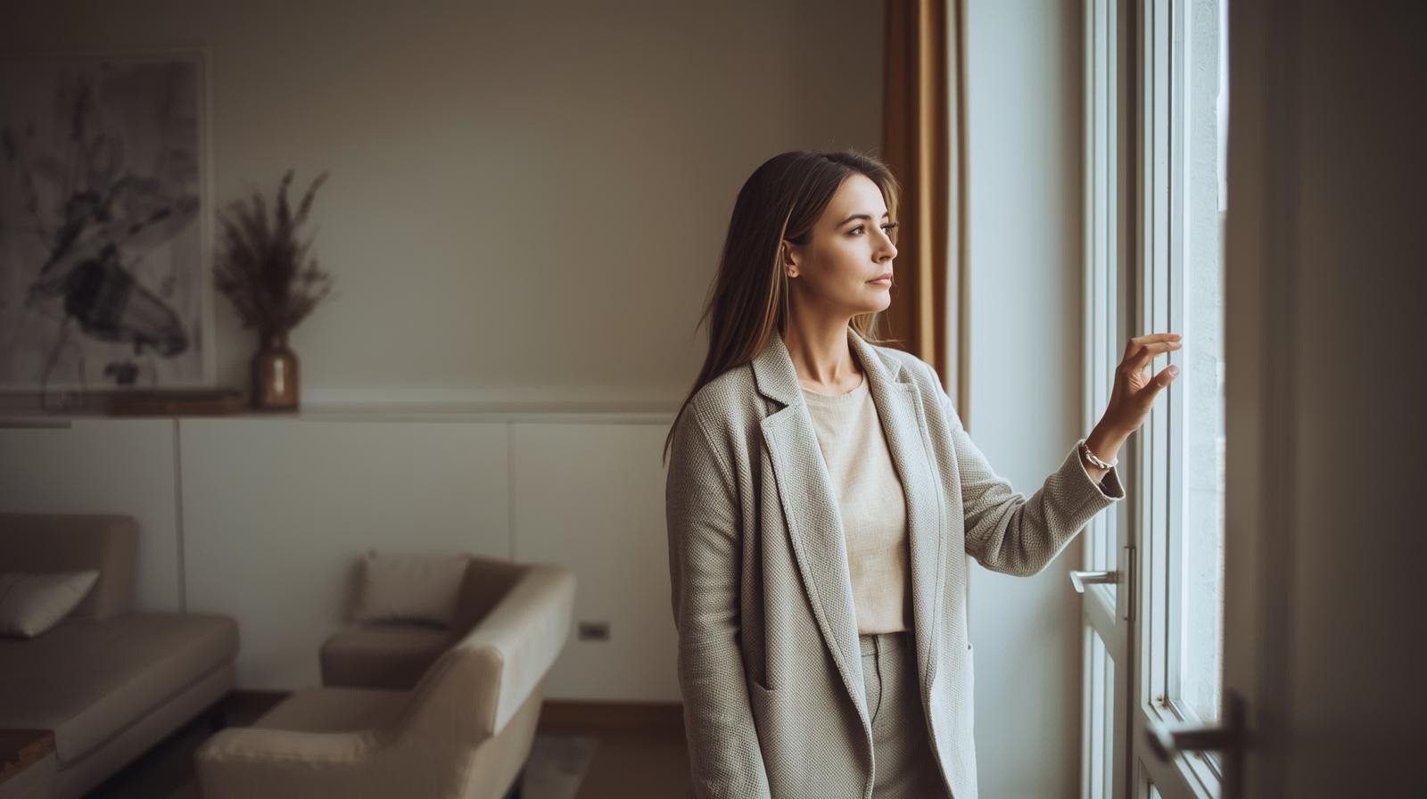 Donna in salotto che guarda fuori dalla finestra, riflettendo prima di uscire per una camminata rigenerante.