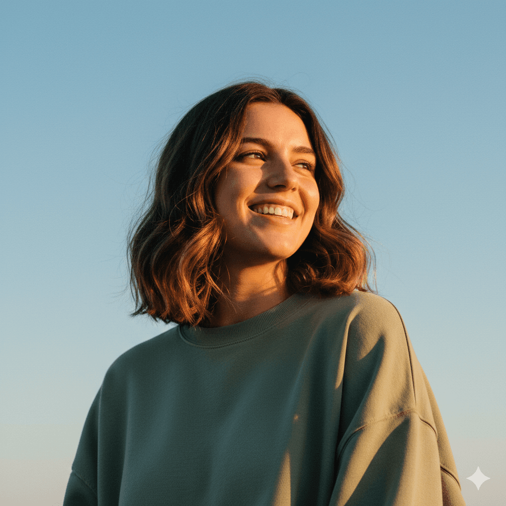 A smiling woman with wavy hair wearing a green sweatshirt outdoors.