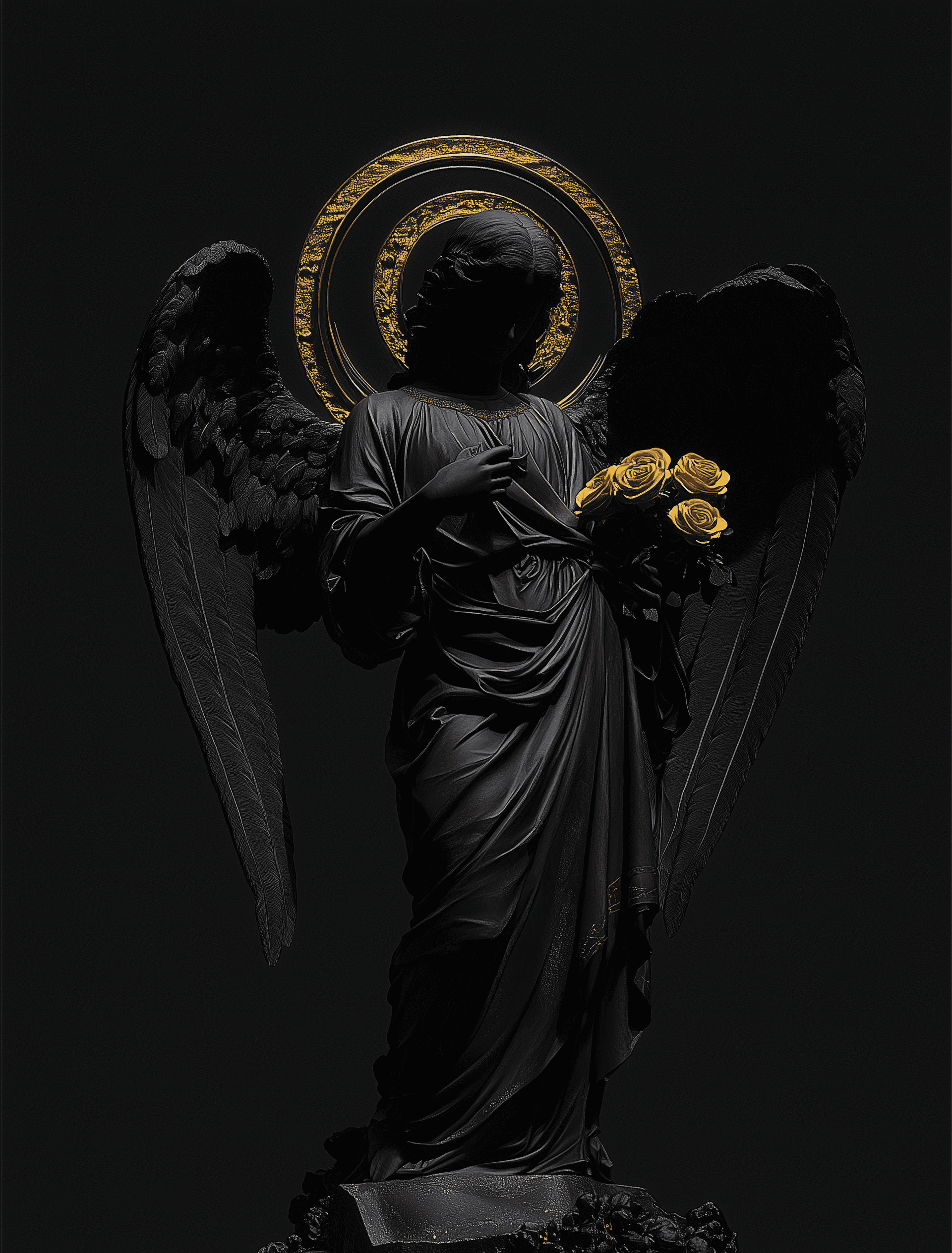 A black statue of an angel holding roses, a black statue of an angel holding roses and a halo above its head, in a photorealistic style, set against a black background with a gold rim of light., the golden ratio, with a halo above its head, with gold accents