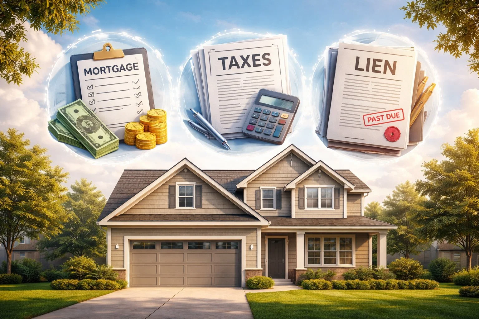 House with floating icons representing a mortgage, tax forms, and liens, illustrating financial obligations tied to property ownership.