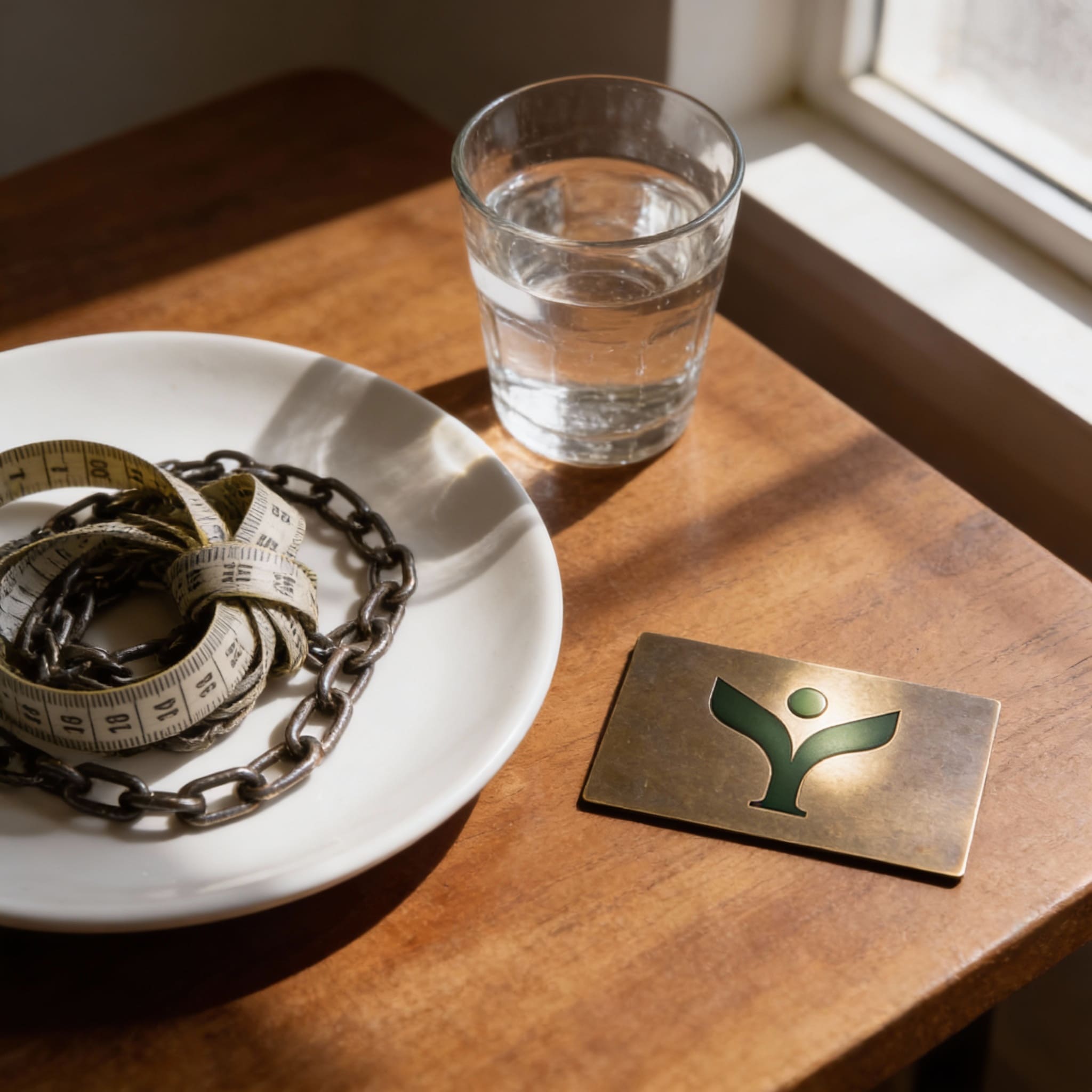 Plato con cinta métrica y cadenas simbolizando TCA junto a tarjeta de Centro Vitalis.