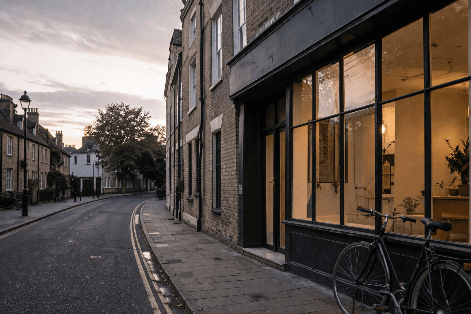 Quiet street in Cambridge at early evening with a softly lit storefront, parked bicycle, and muted natural tones.