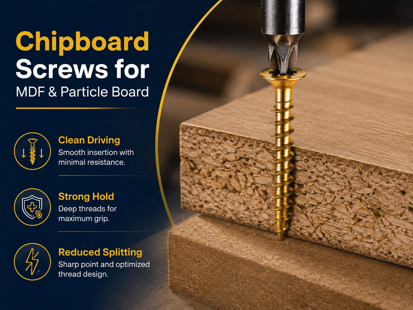 Chipboard screws used for MDF, chipboard and particle board applications