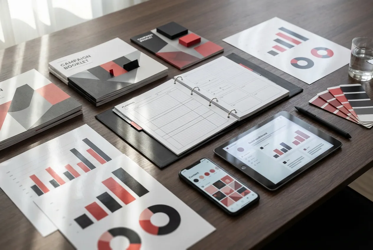 RockN' Socials Digital Marketing Agency tools on a desk with charts.