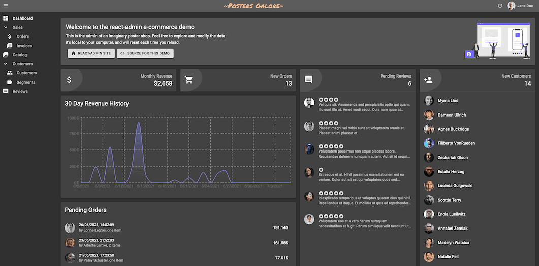 A React Admin dashboard displayed in night mode.