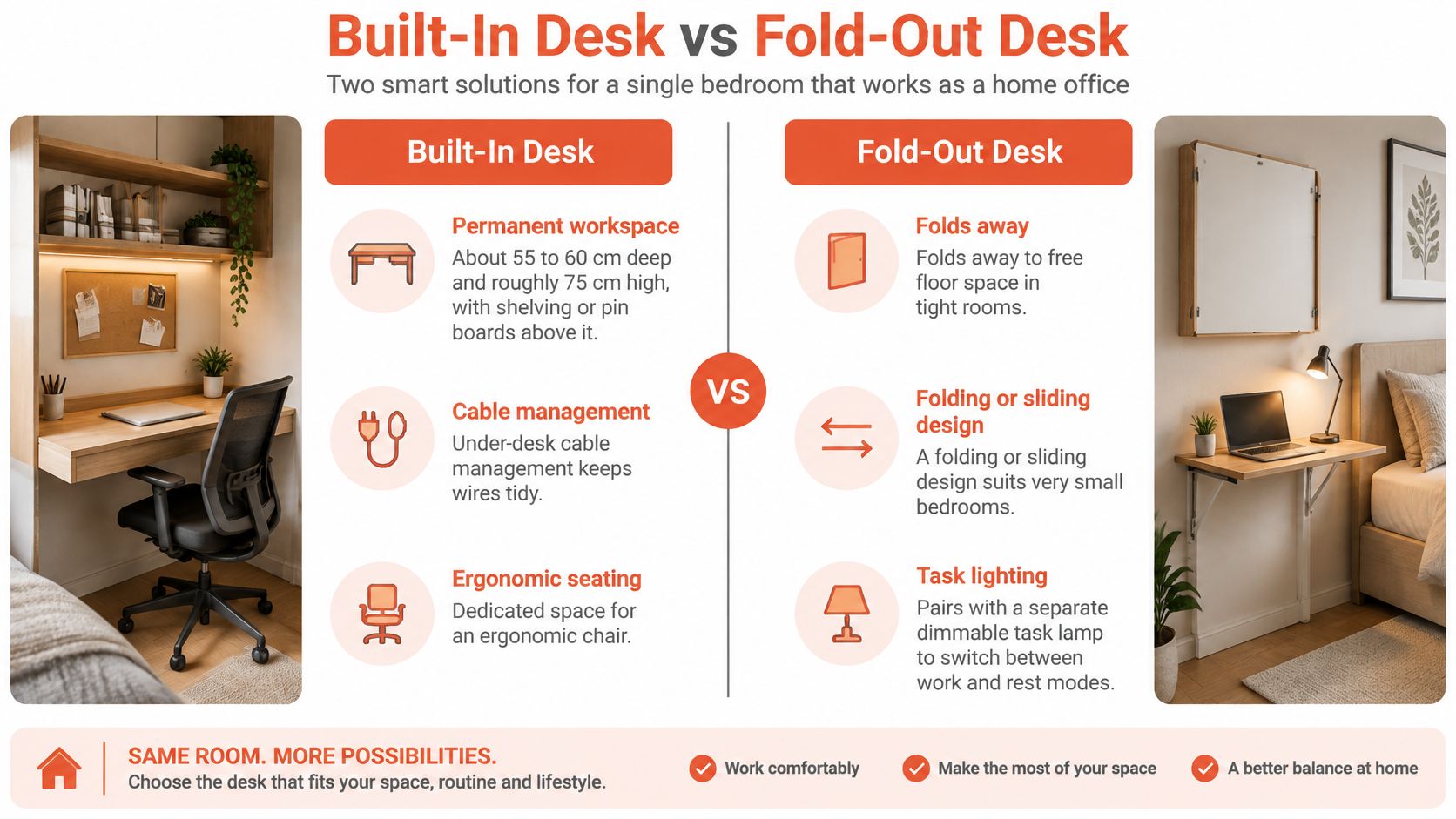A comparison chart showing the benefits of built-in desks versus fold-out desks for small home offices.