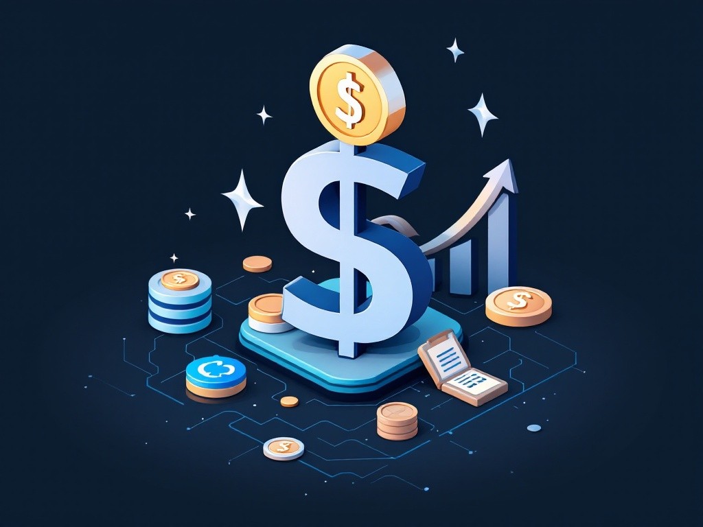 A 3D illustration of a dollar sign with a gold coin on top, surrounded by other coins and a graph showing growth.