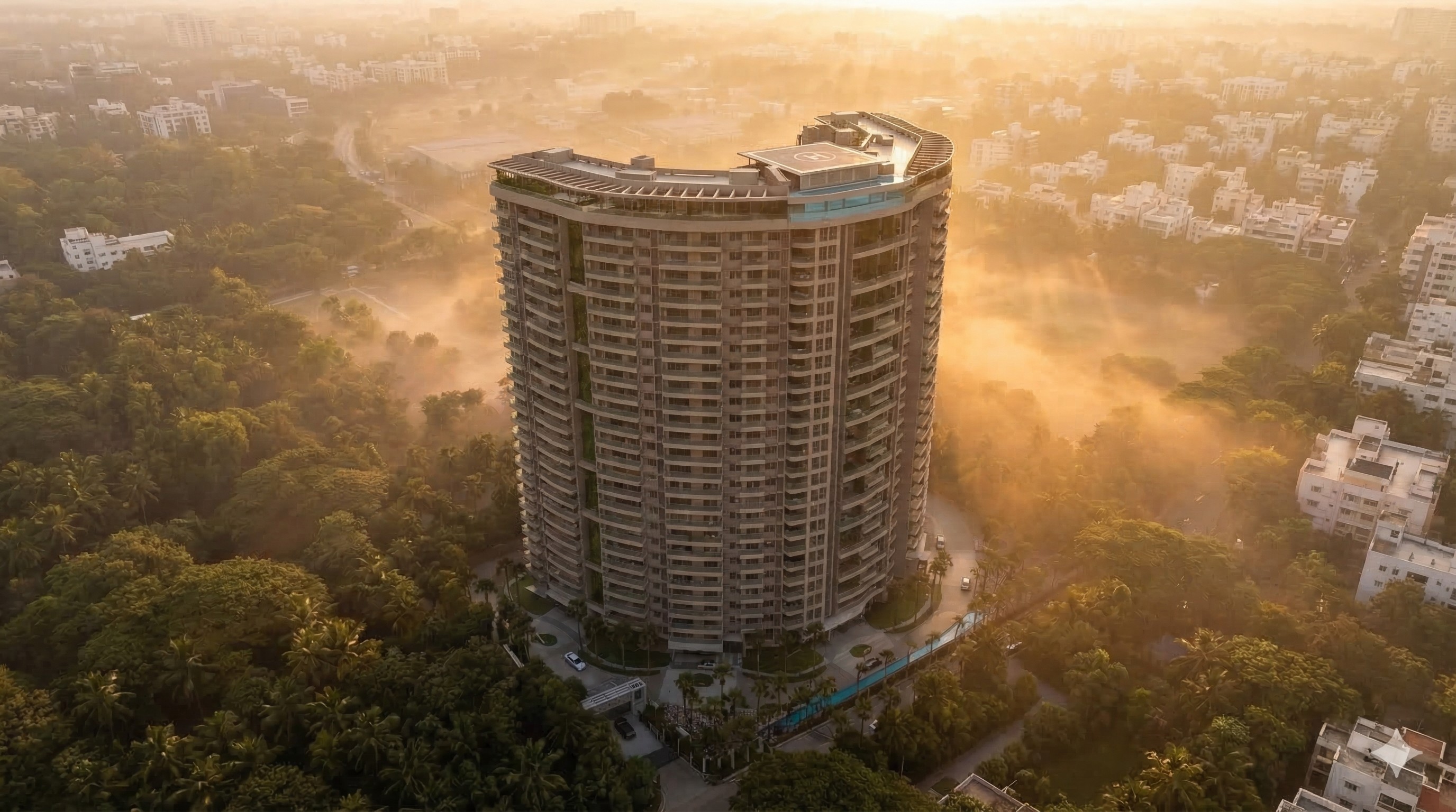 Rooftop sky lounge at Prestige Vaishnaoi Rainbow Waters, 36-storey residential tower in Gachibowli, with HITEC City skyline