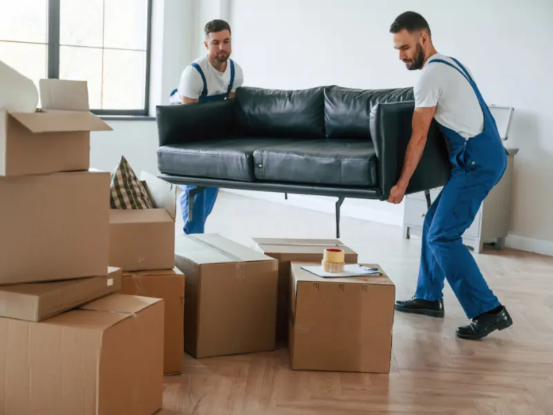Two movers carrying a sofa into a new home