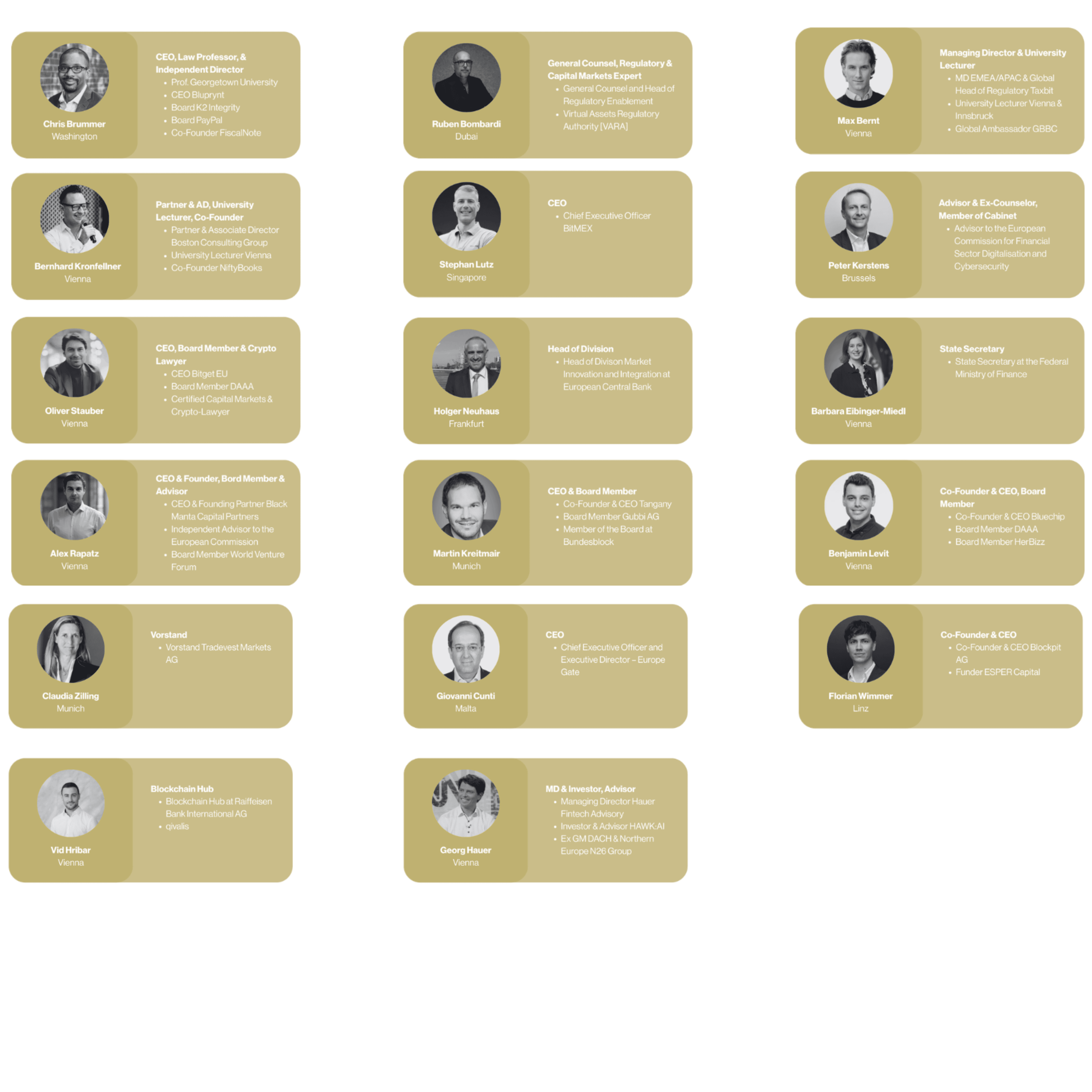 Speakers include Chris Brummer, Peter Kerstens, Holger Neuhaus, Bernhard Kronfellner, Ruben Bombardi, and other policymakers and digital assets experts.