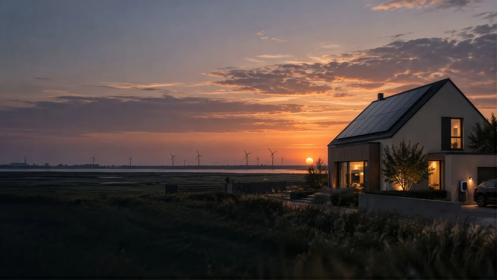 Modernes Wohnhaus mit Photovoltaikanlage und Wallbox, im Hintergrund Windkraftanlagen