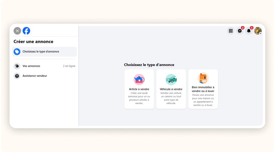 Interface Facebook Marketplace pour choisir type d’annonce à créer.