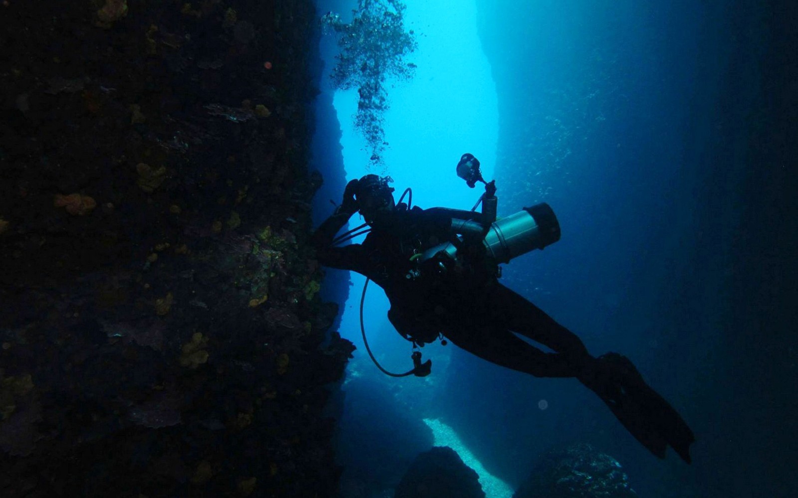 潜水员在雅典内阿马克里探索水下洞穴。