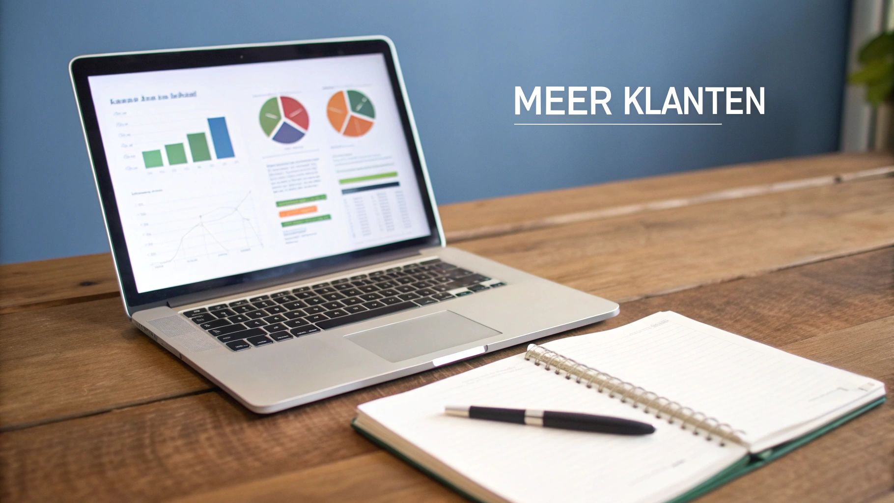 Laptop met grafieken, notitieboek en pen op een houten bureau met de tekst 'MEER KLANTEN'.